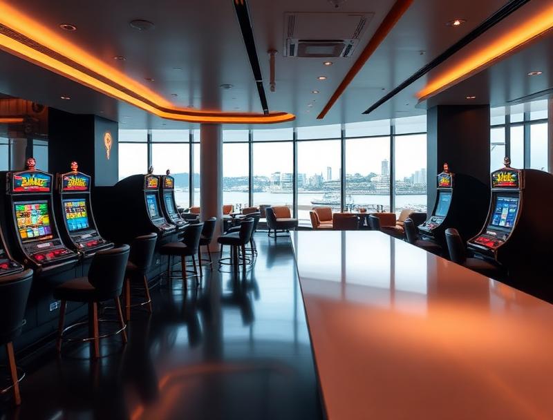 Crown Sydney VIP Lounge interior with harbour views and slot machines